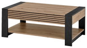 Moderner Couchtisch aus Holz mit schwarzen Metallakzenten, seitliche Perspektive
