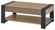 Moderner Couchtisch aus Holz mit schwarzen Metallakzenten, seitliche Perspektive
