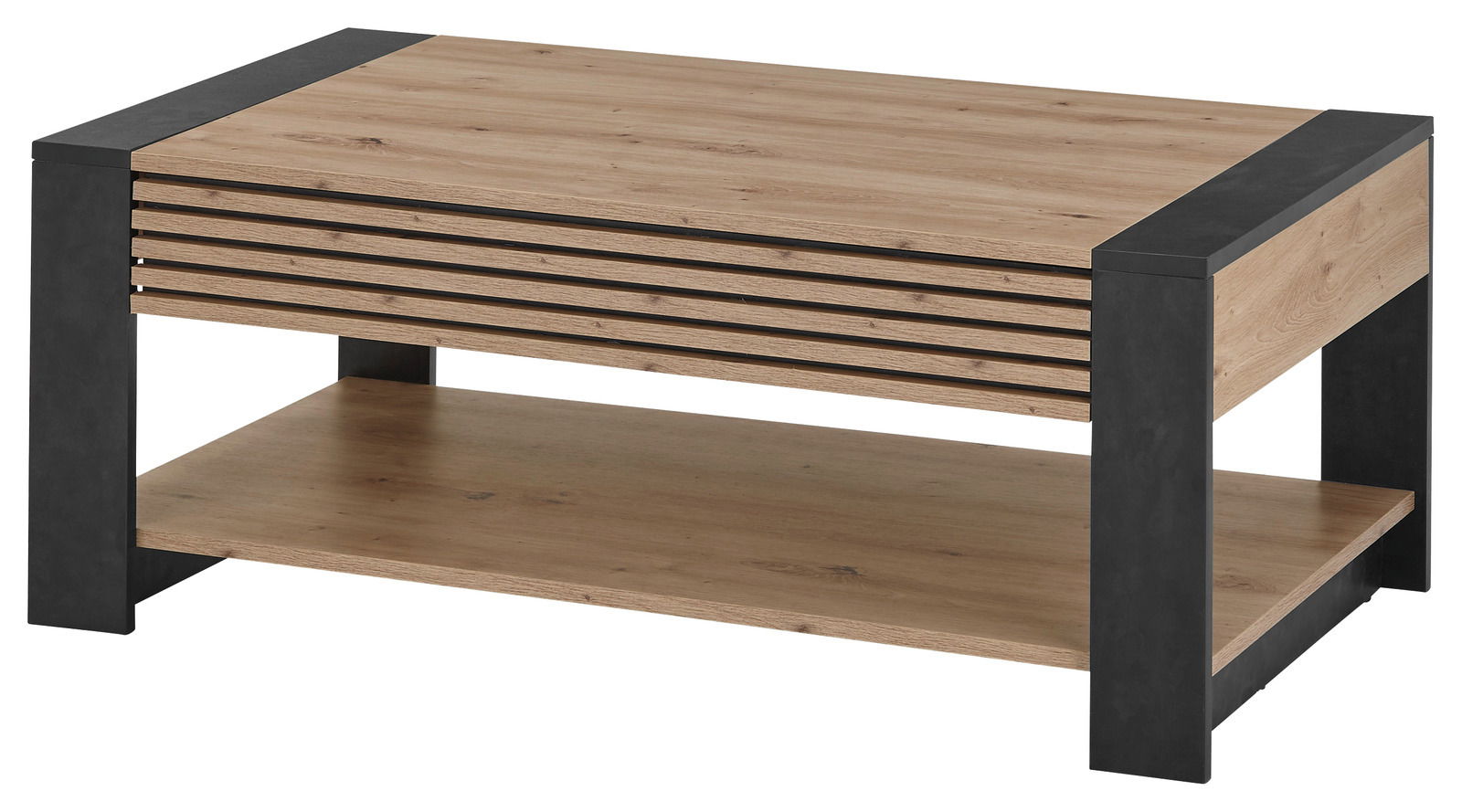 Moderner Couchtisch aus Holz mit schwarzen Metallakzenten, seitliche Perspektive