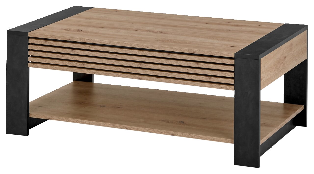 Moderner Couchtisch aus Holz mit schwarzen Metallakzenten, seitliche Perspektive