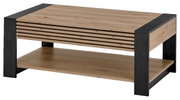 Moderner Couchtisch aus Holz mit schwarzen Metallakzenten, seitliche Perspektive