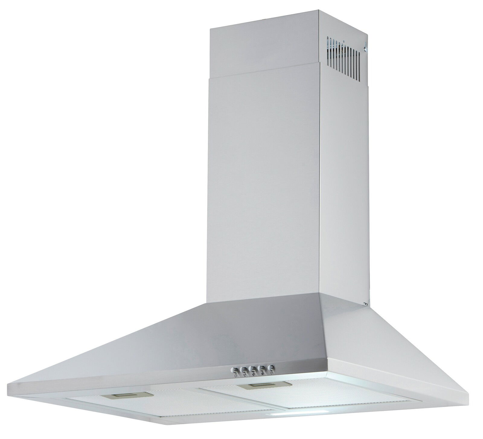 Silberne Dunstabzugshaube in Frontalansicht mit modernem Design und Bedienelementen an der Vorderseite