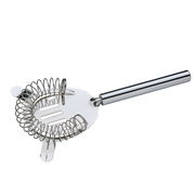 Nahaufnahme eines silbernen Barsiebs mit Spiralfeder und Griff, von oben betrachtet.