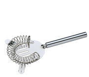 Nahaufnahme eines silbernen Barsiebs mit Spiralfeder und Griff, von oben betrachtet.