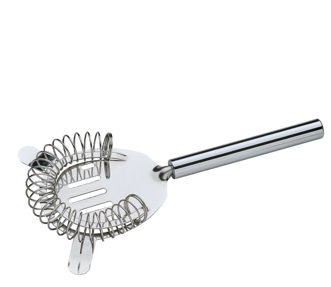 Nahaufnahme eines silbernen Barsiebs mit Spiralfeder und Griff, von oben betrachtet.