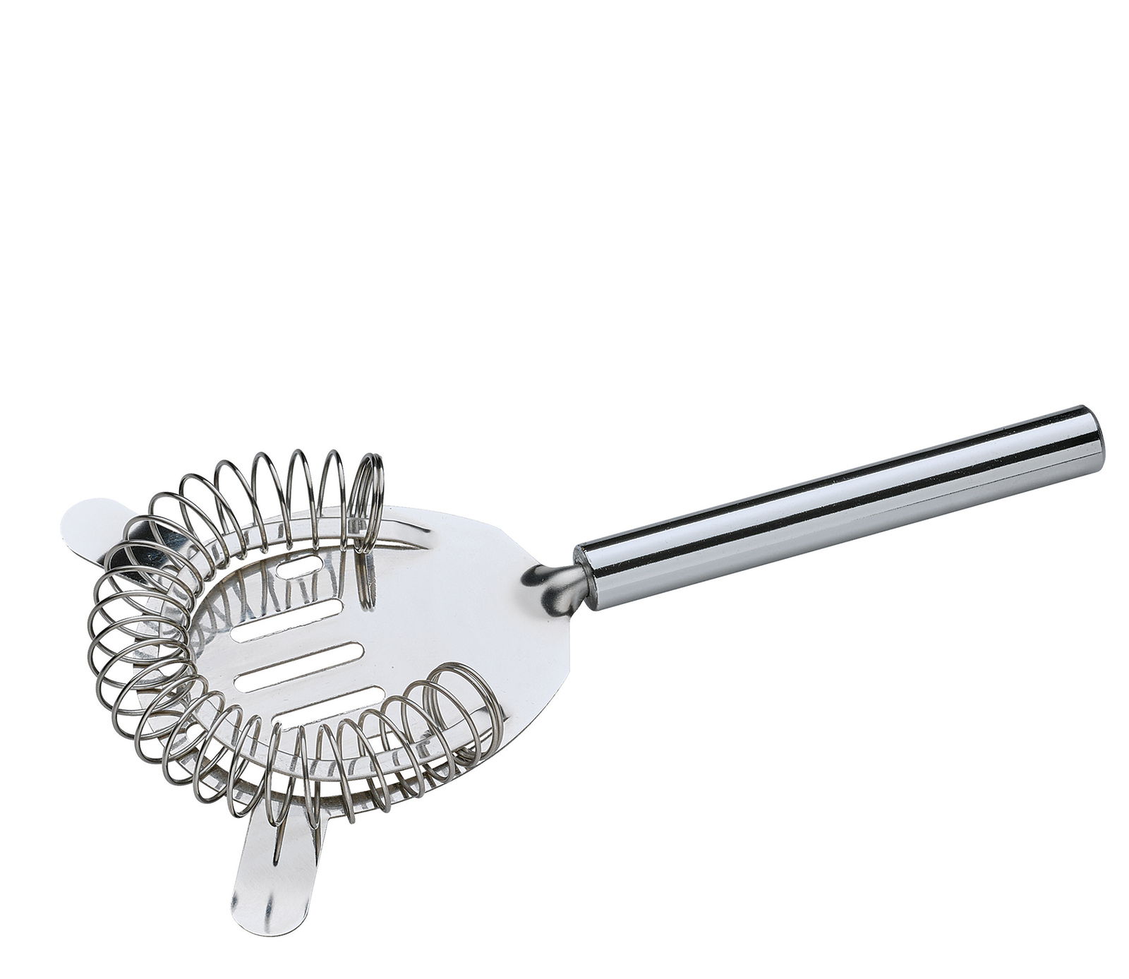 Nahaufnahme eines silbernen Barsiebs mit Spiralfeder und Griff, von oben betrachtet.