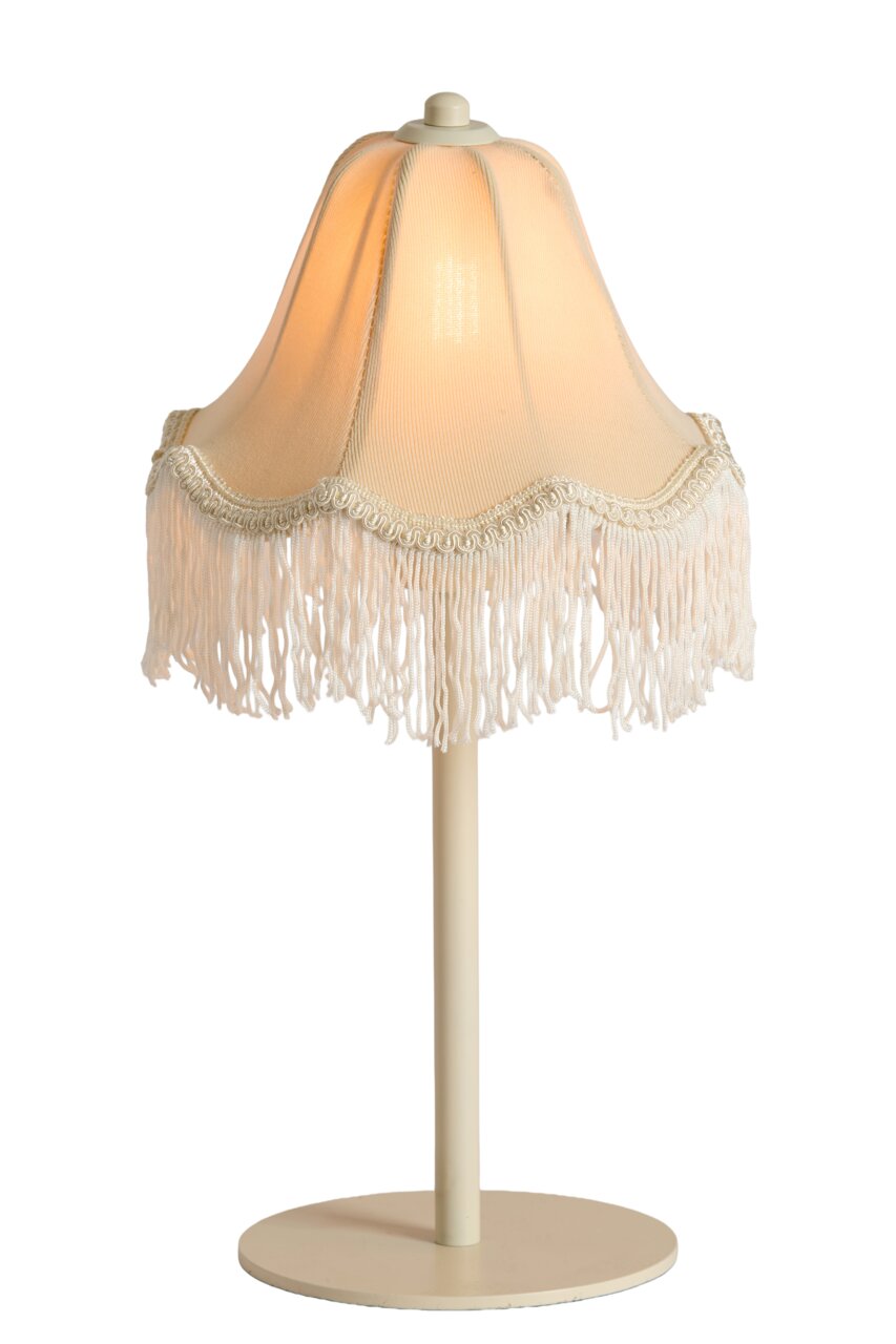 Klassieke tafellamp met crèmekleurige stoffen kap en decoratieve franjes, zijaanzicht
