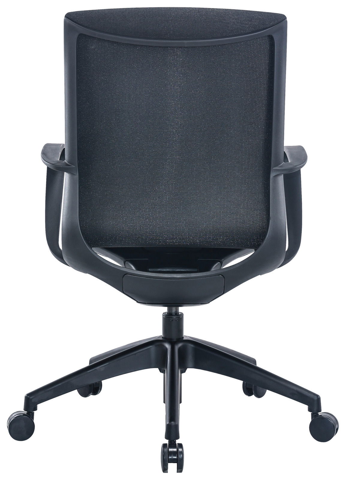 Rückansicht eines schwarzen Drehstuhls mit Netzrückenlehne und Rollen