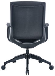 Rückansicht eines schwarzen Drehstuhls mit Netzrückenlehne und Rollen