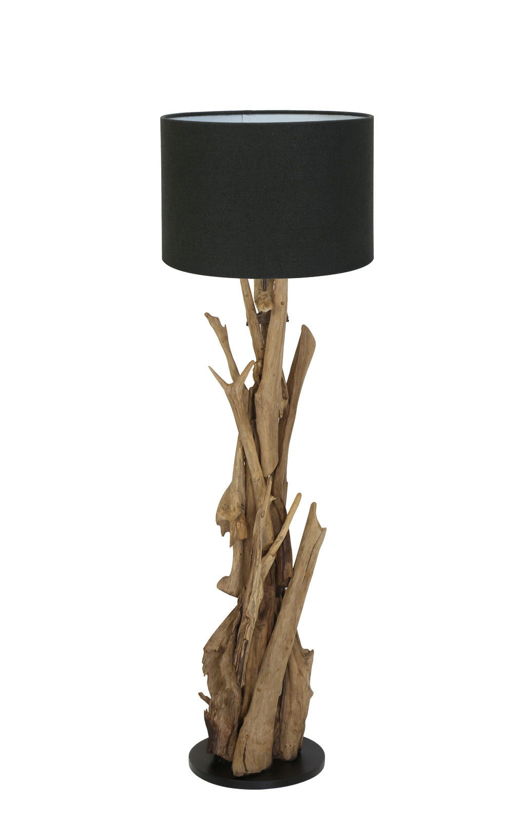 Stehleuchte mit schwarzem Lampenschirm und natürlichem Holzfuß, frontal betrachtet.