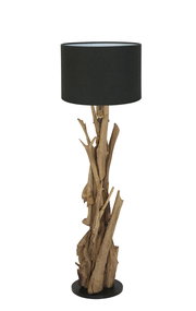 Stehleuchte mit schwarzem Lampenschirm und natürlichem Holzfuß, frontal betrachtet.