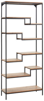 Modernes Regal mit asymmetrischen Holzregalböden und schwarzem Metallrahmen, Frontalansicht