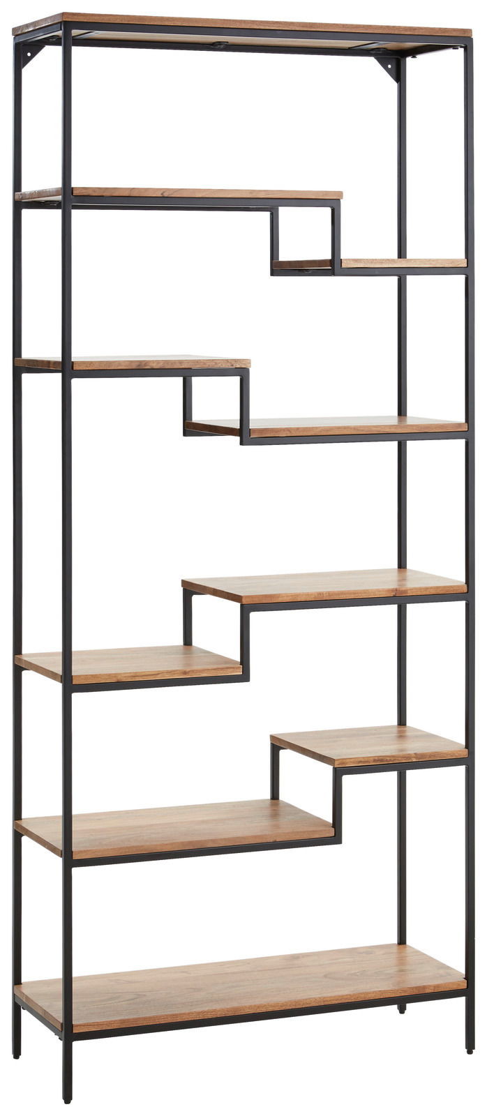 Modernes Regal mit asymmetrischen Holzregalböden und schwarzem Metallrahmen, Frontalansicht