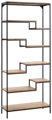 Modernes Regal mit asymmetrischen Holzregalböden und schwarzem Metallrahmen, Frontalansicht