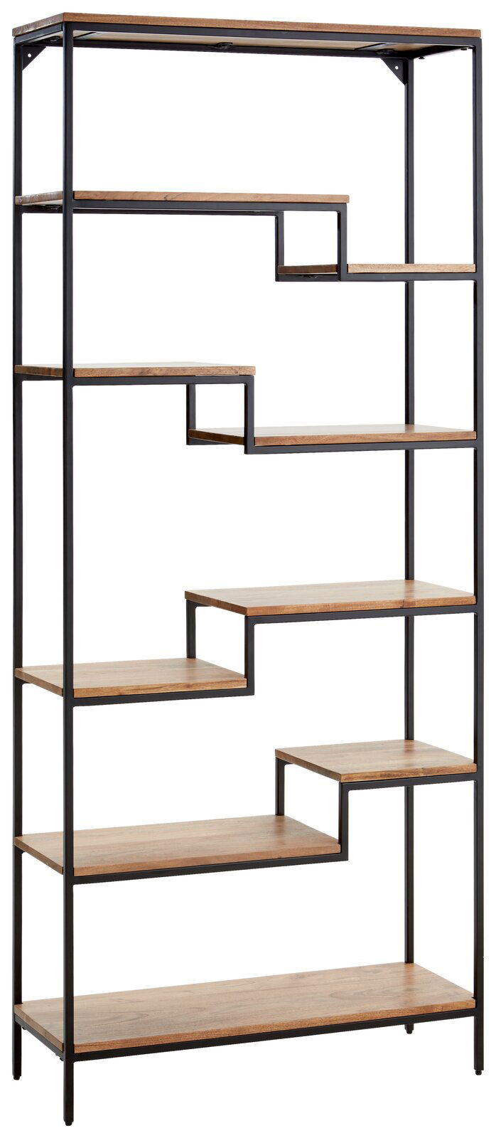 Modernes Regal mit asymmetrischen Holzregalböden und schwarzem Metallrahmen, Frontalansicht