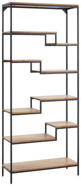 Modernes Regal mit asymmetrischen Holzregalböden und schwarzem Metallrahmen, Frontalansicht
