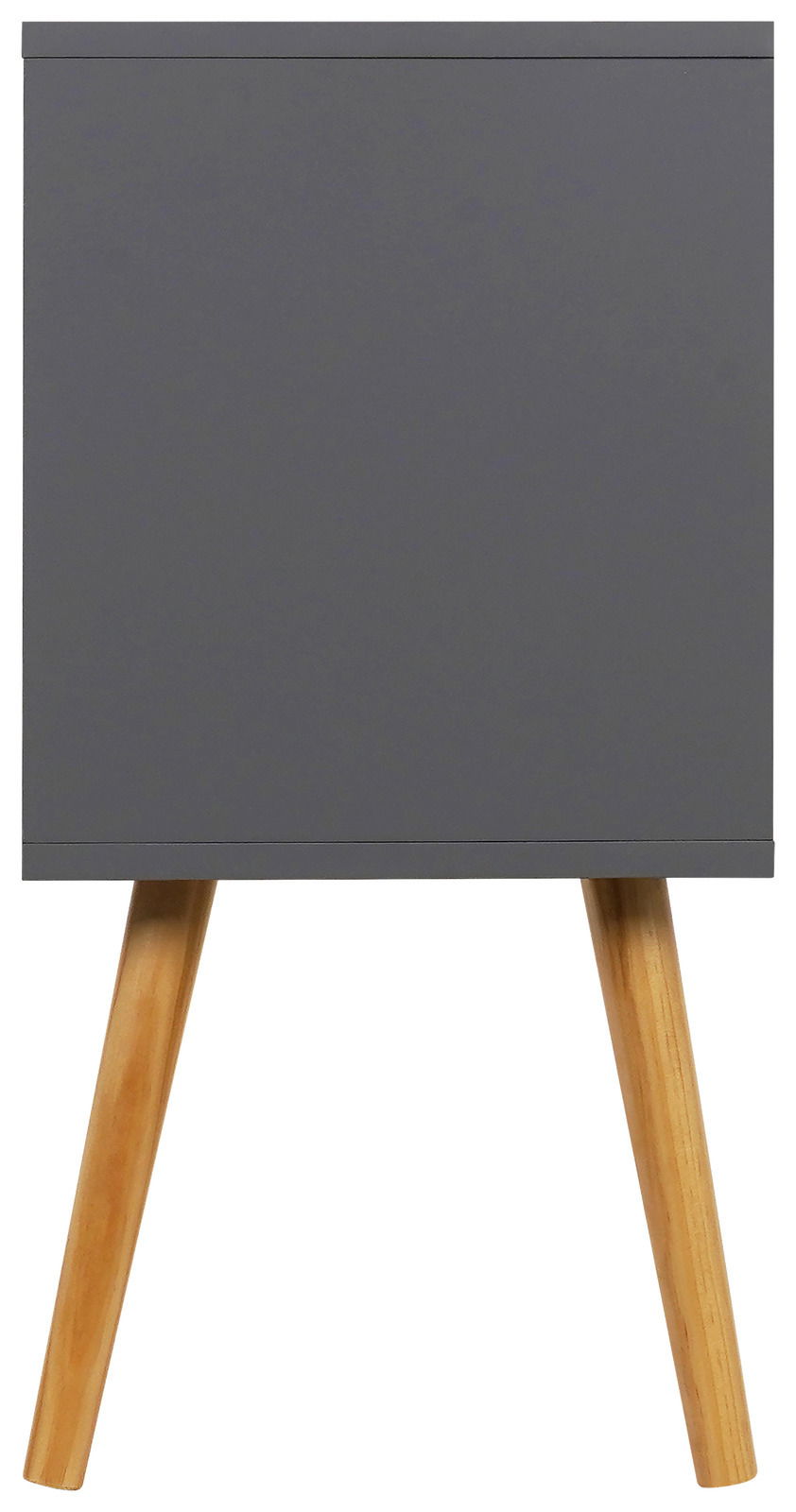 Moderne Nachtkommode in grauer Farbe mit Holzbeinen, Frontalansicht