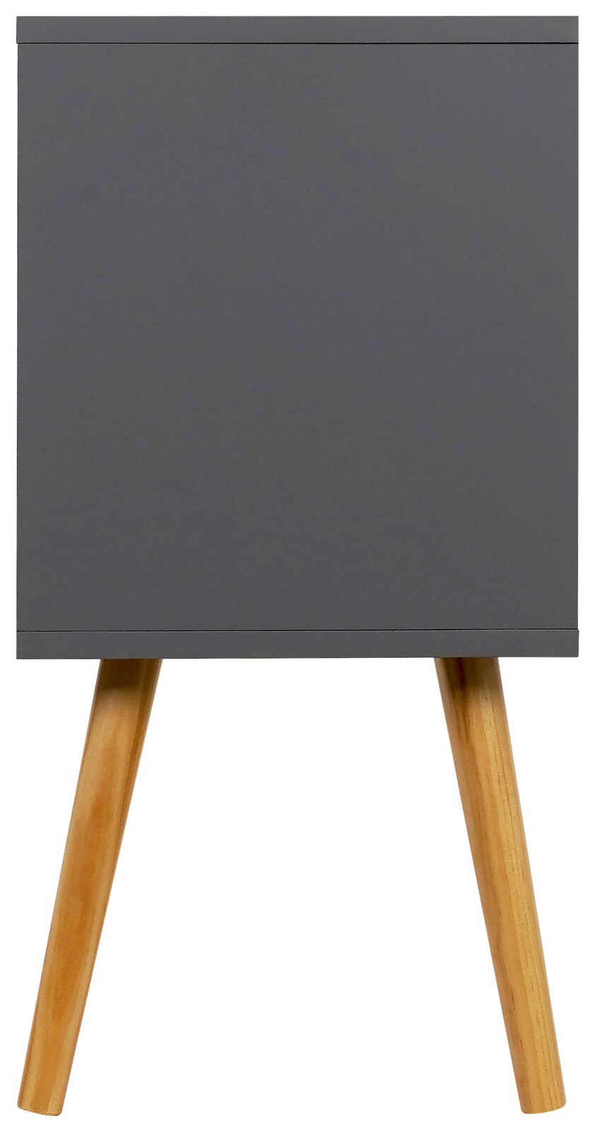 Moderne Nachtkommode in grauer Farbe mit Holzbeinen, Frontalansicht