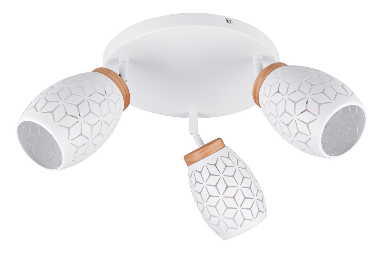 Dreiflammiger Strahler mit weißem, geometrisch gemustertem Schirm und Holzdetails, Ansicht von unten