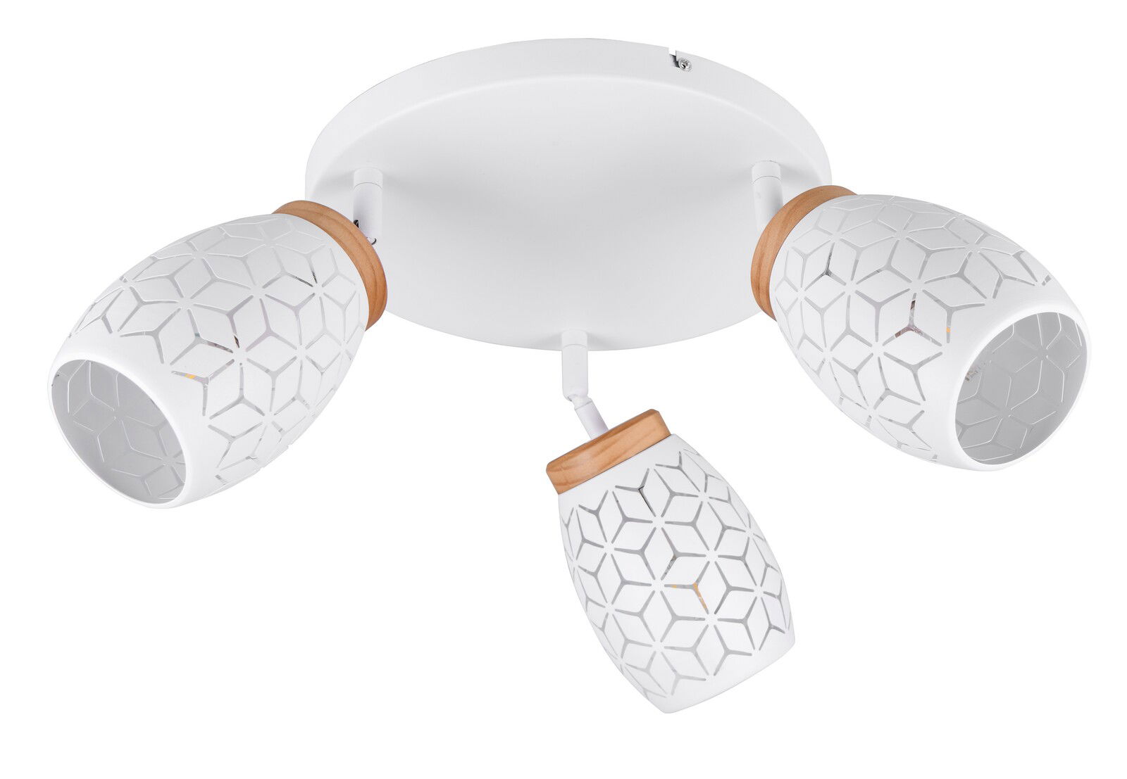 Dreiflammiger Strahler mit weißem, geometrisch gemustertem Schirm und Holzdetails, Ansicht von unten