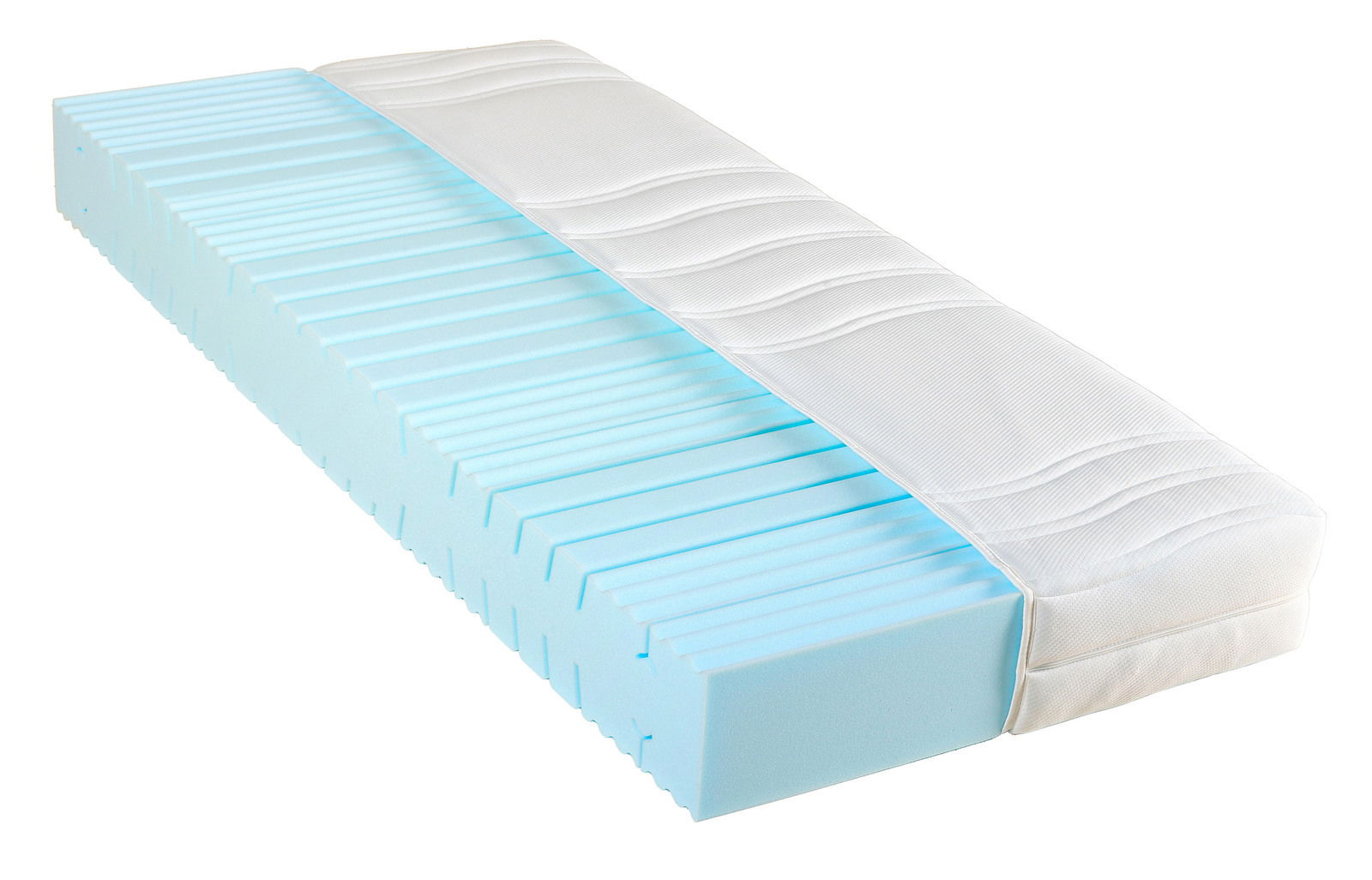 Matratze mit blauer Schaumstoffstruktur und weißem Bezug, seitliche Perspektive