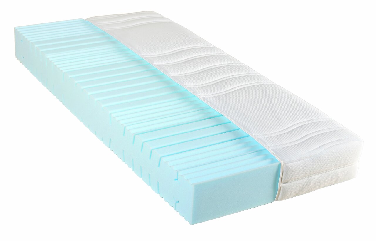 Matratze mit blauer Schaumstoffstruktur und weißem Bezug, seitliche Perspektive