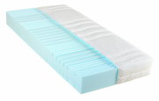 Matratze mit blauer Schaumstoffstruktur und weißem Bezug, seitliche Perspektive