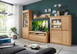Moderne Wandkombination aus Holz mit Vitrinen und TV-Schrank, frontal fotografiert in einem hellen Wohnzimmer.