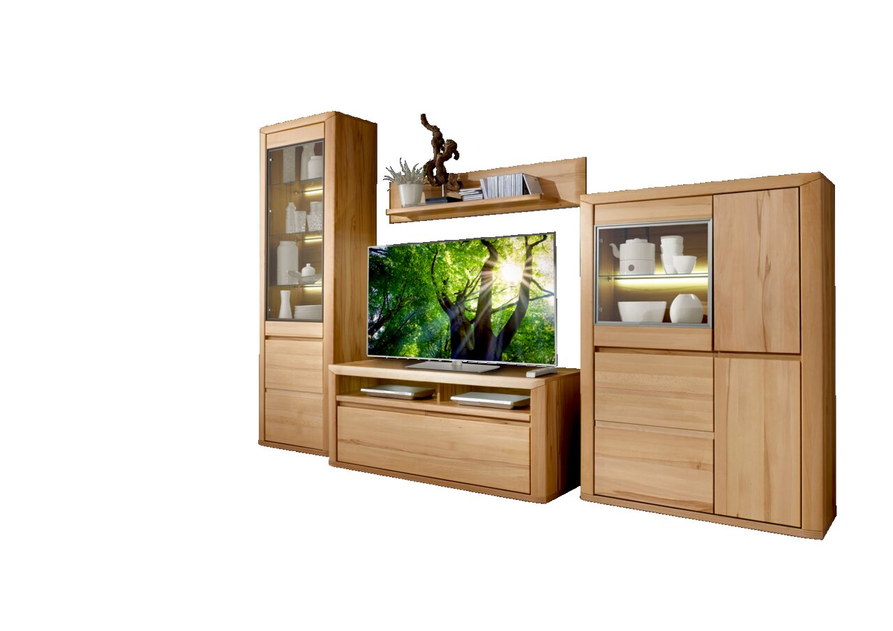 Moderne Wandkombination aus Holz mit Vitrinen und TV-Schrank, frontal fotografiert in einem hellen Wohnzimmer.