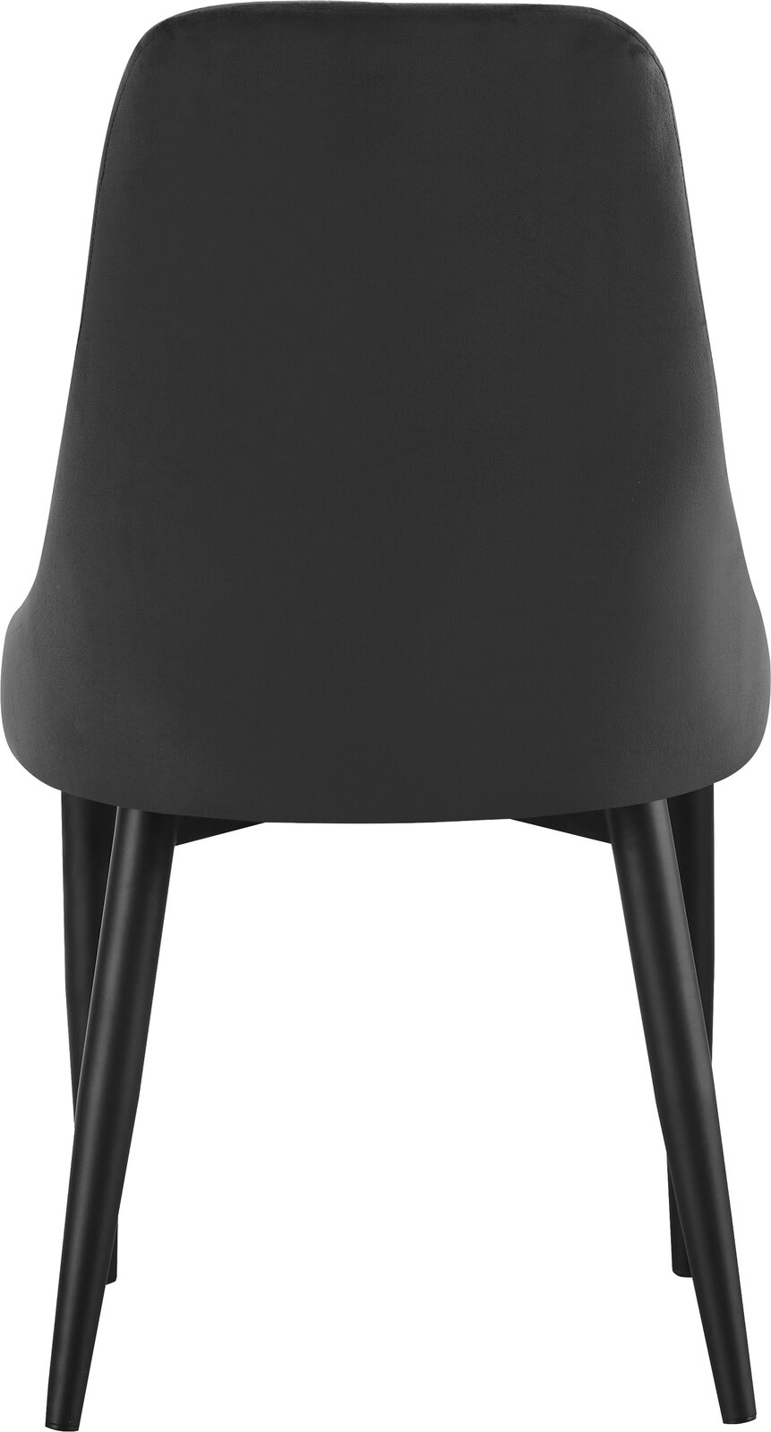 Schwarzer, gepolsterter Stuhl mit vier schwarzen Beinen, Rückansicht (gerade von hinten) vor weißem Hintergrund
