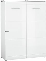 Weißer Schuhschrank mit zwei Türen, frontal abgebildet, Maße 89 cm Breite, 120 cm Höhe, 37 cm Tiefe.