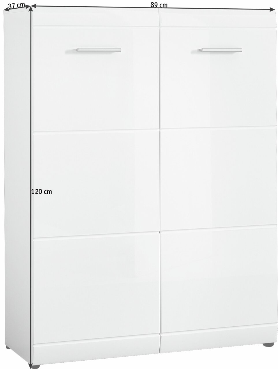 Weißer Schuhschrank mit zwei Türen, frontal abgebildet, Maße 89 cm Breite, 120 cm Höhe, 37 cm Tiefe.