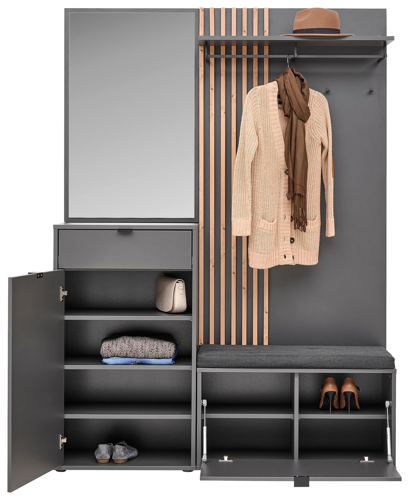 Kompaktgarderobe in Frontalansicht mit Spiegel, Kleiderhaken, Ablagefächern und Sitzbank, dekoriert mit Hut, Schal und Schuhen.