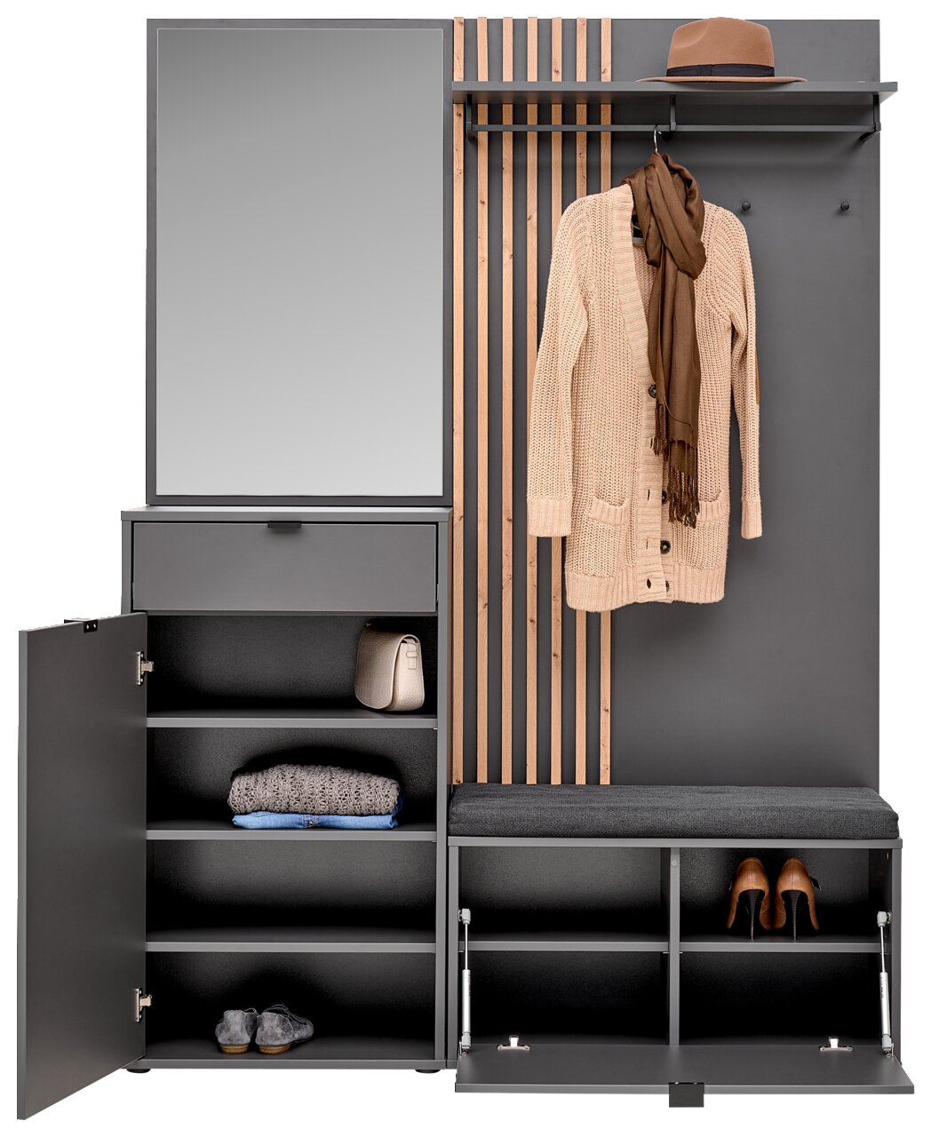 Voleo Kompaktgarderobe PHIL Kompaktgarderobe in Frontalansicht mit Spiegel, Kleiderhaken, Ablagefächern und Sitzbank, dekoriert mit Hut, Schal und Schuhen.