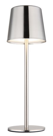 Moderne Tischleuchte aus Metall in silberner Farbe, frontal abgebildet.