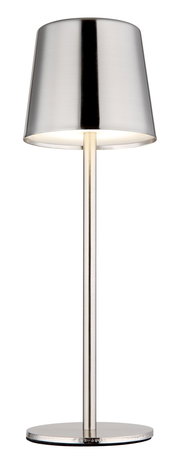 Moderne Tischleuchte aus Metall in silberner Farbe, frontal abgebildet.