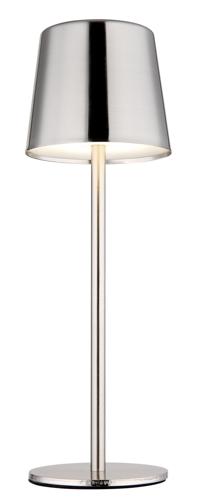 Moderne Tischleuchte aus Metall in silberner Farbe, frontal abgebildet.