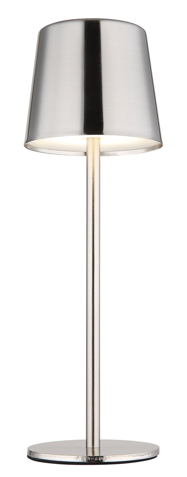 Moderne Tischleuchte aus Metall in silberner Farbe, frontal abgebildet.