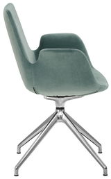 Moderner Besucher-Drehsessel mit grünem Stoffbezug und verchromtem Metallgestell, seitliche Perspektive.