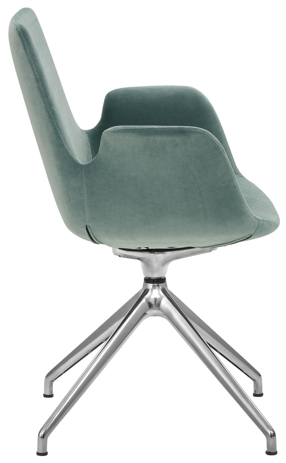 Moderner Besucher-Drehsessel mit grünem Stoffbezug und verchromtem Metallgestell, seitliche Perspektive.
