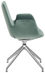 Moderner Besucher-Drehsessel mit grünem Stoffbezug und verchromtem Metallgestell, seitliche Perspektive.