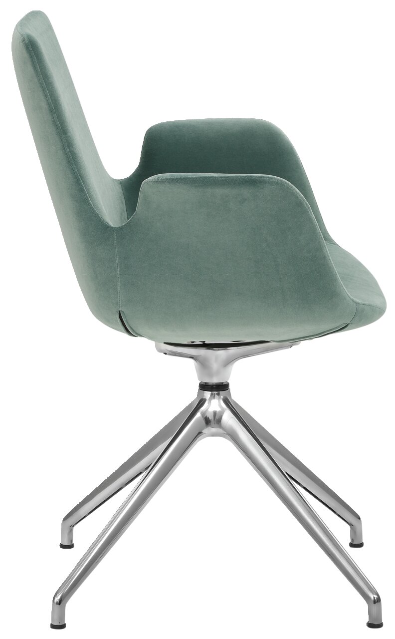 Moderner Besucher-Drehsessel mit grünem Stoffbezug und verchromtem Metallgestell, seitliche Perspektive.