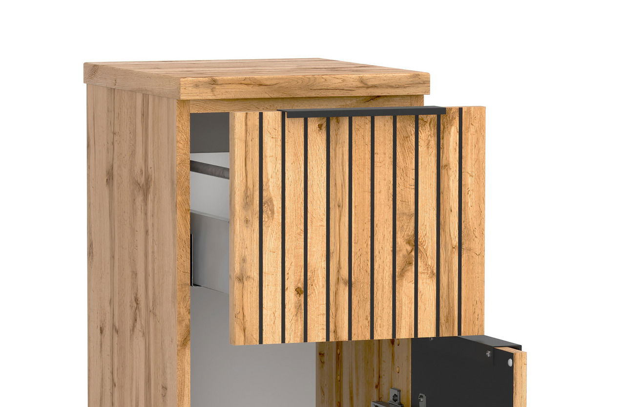 Unterschrank aus Holz mit geöffneter Tür, Frontansicht