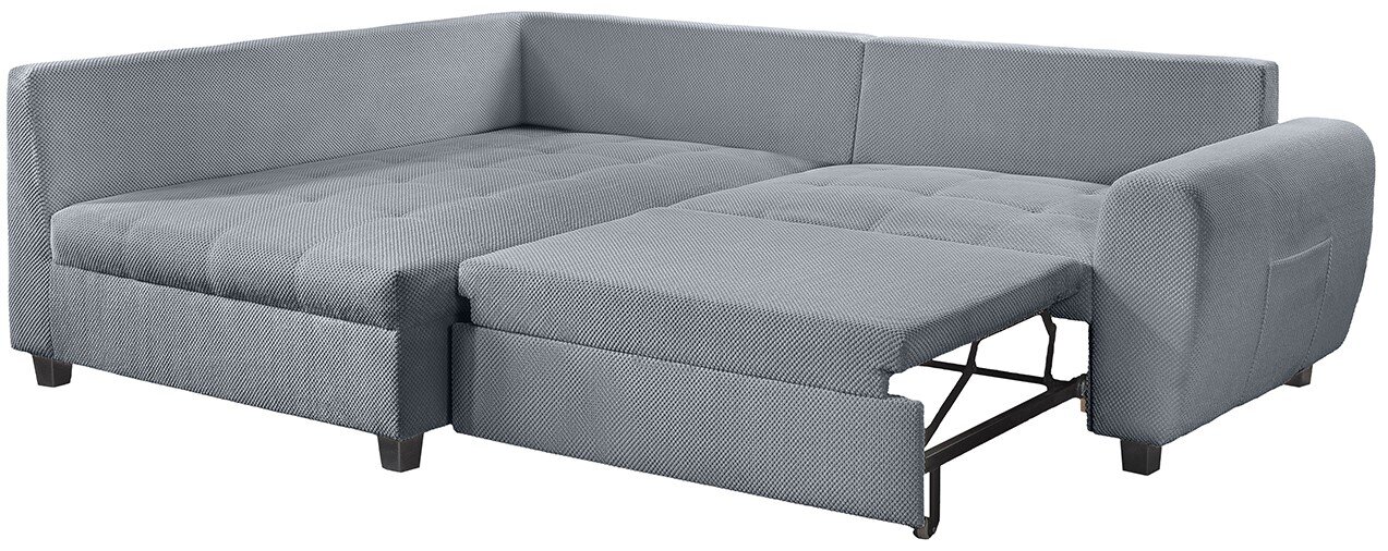 Graues Ecksofa mit ausziehbarem Bett, Perspektive von vorne rechts