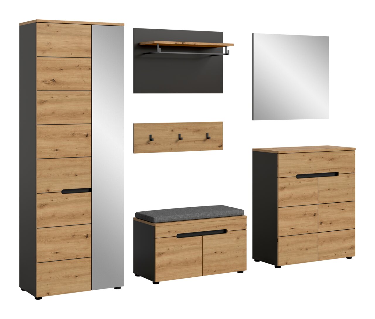 Modernes Flur-Garderobenmöbel-Set in Holzoptik mit anthrazitfarbenen Seiten, bestehend aus hohem Schrank, Schuhbank mit Sitzpolster, Kommode, Wandpaneel mit Ablage und Kleiderstange, Hakenleiste und Spiegel, freigestellt auf Weiß, Perspektive: frontale An