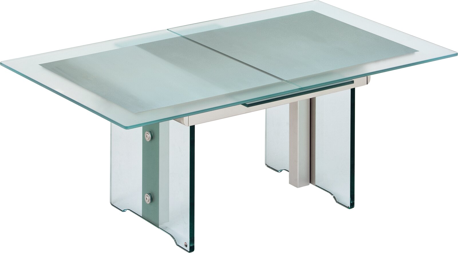 Moderner Couchtisch aus Glas mit Metallbeinen, seitliche Perspektive