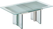 Moderner Couchtisch aus Glas mit Metallbeinen, seitliche Perspektive