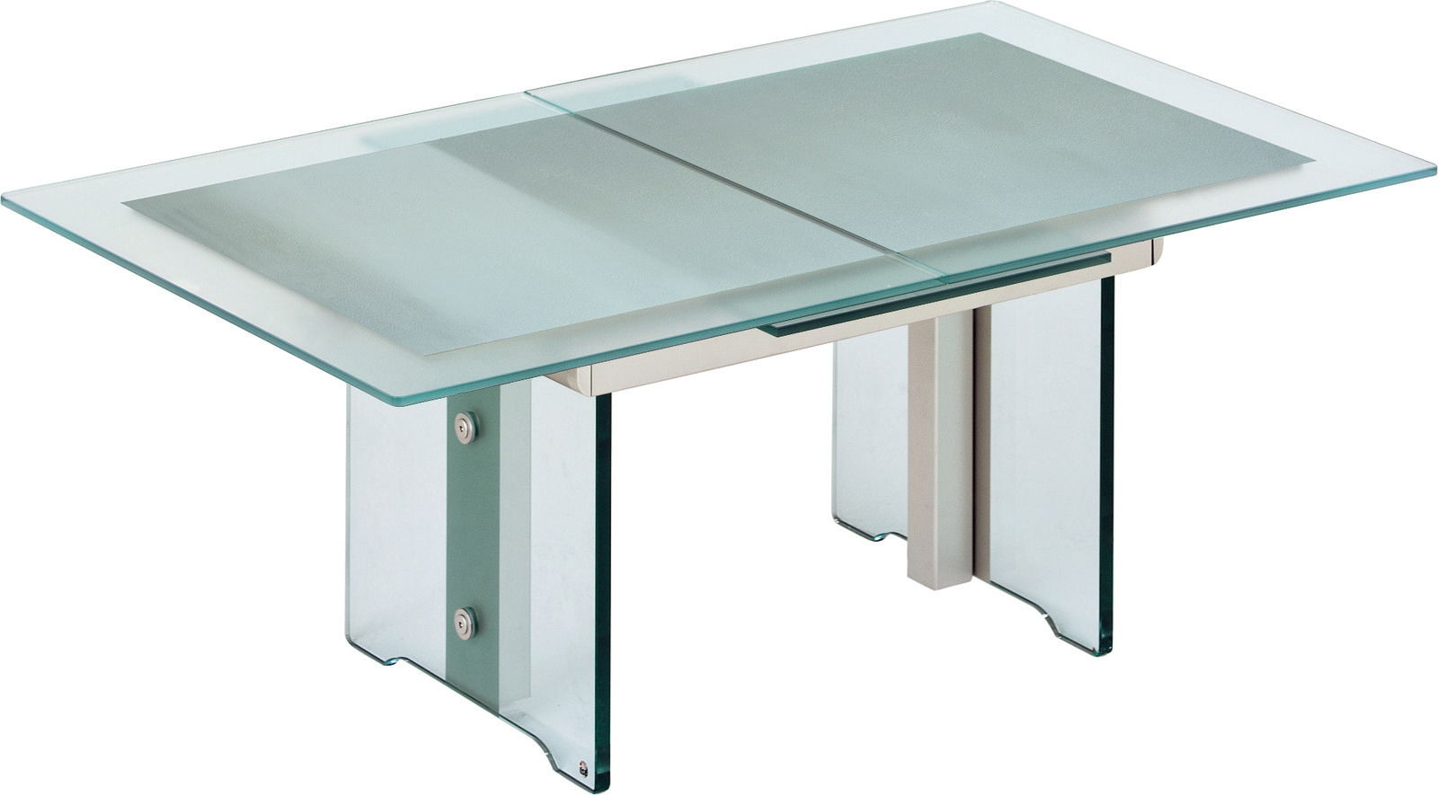 Moderner Couchtisch aus Glas mit Metallbeinen, seitliche Perspektive