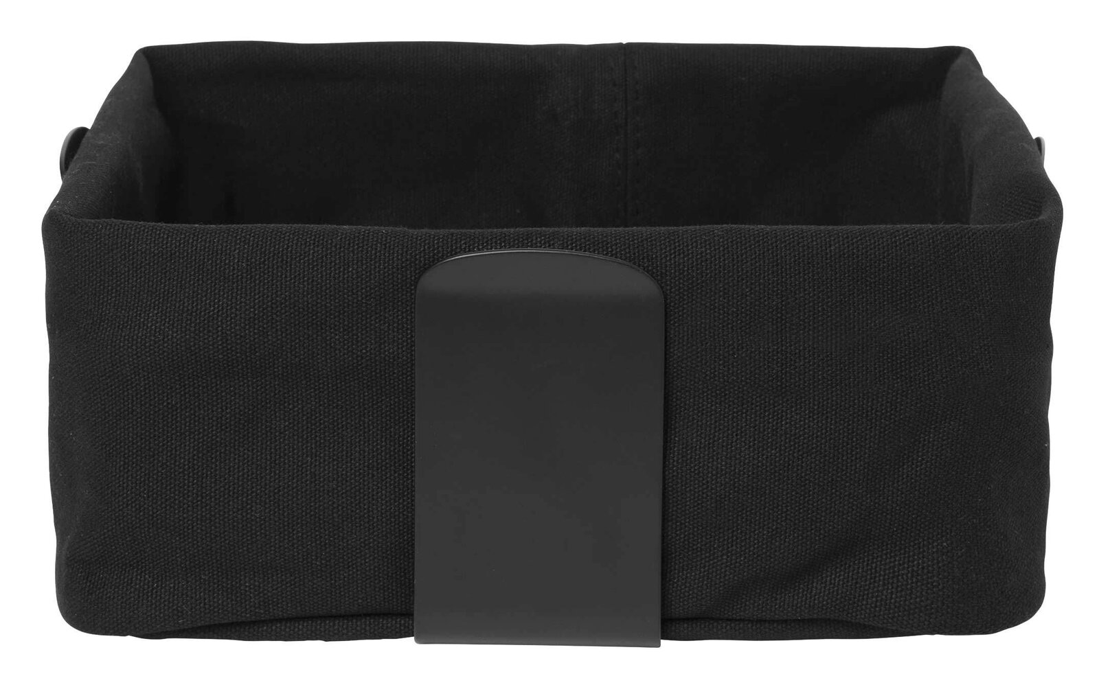 Schwarzer rechteckiger Brotkorb aus Stoff mit Metallgriff, Vorderansicht