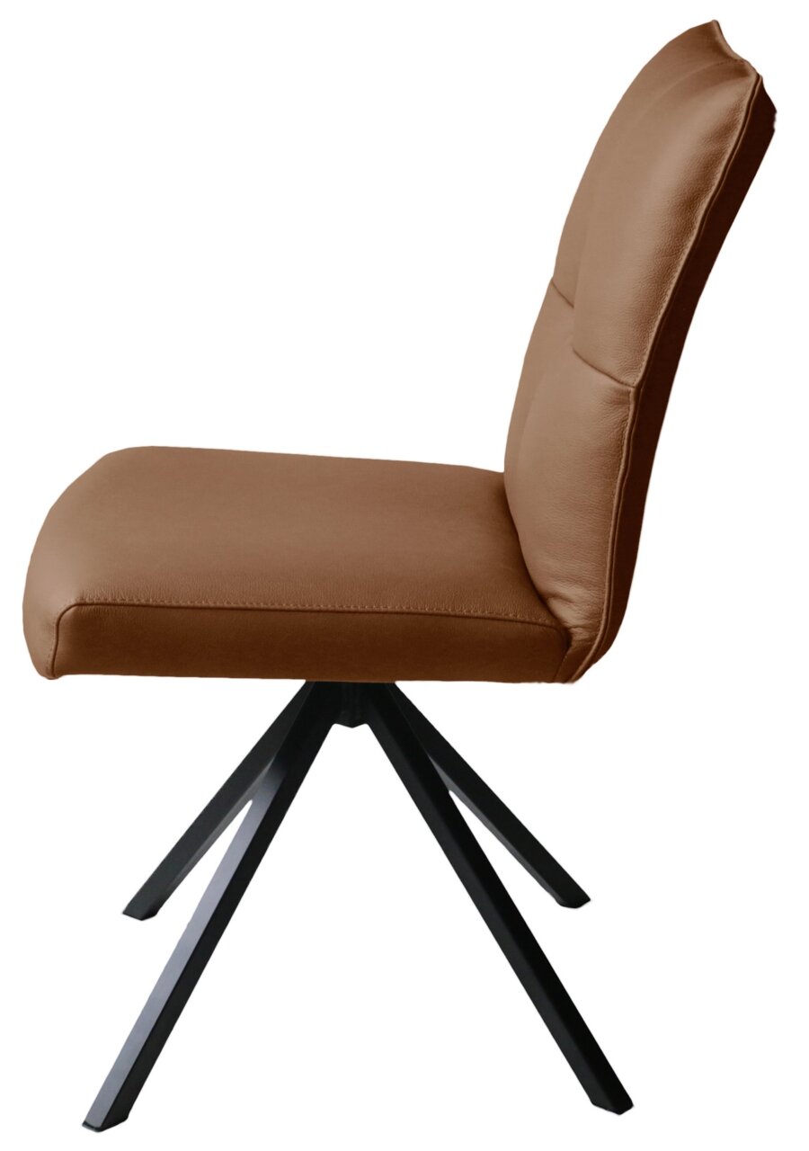 Moderner brauner Stuhl mit schwarzem Metallgestell, Seitenansicht